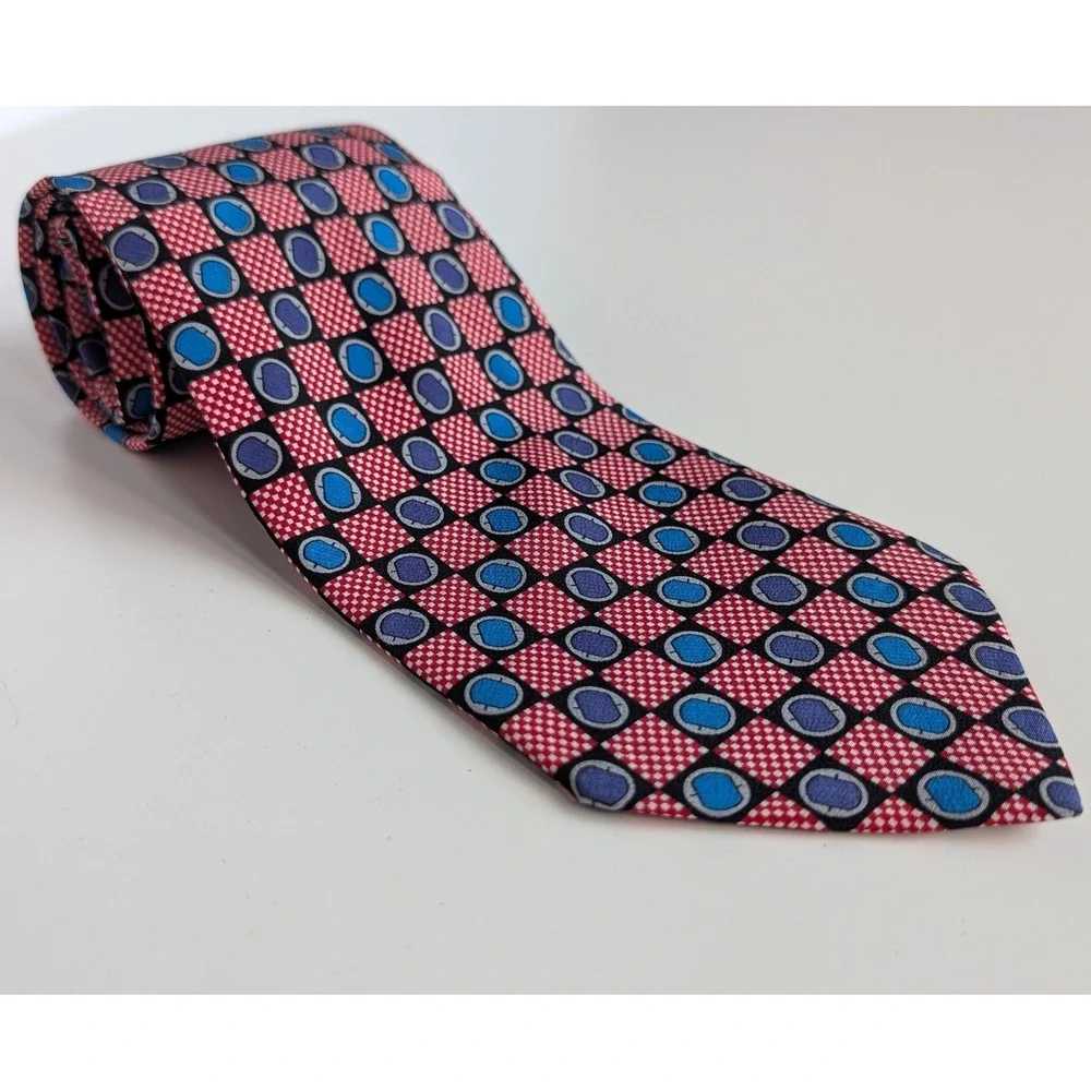 Oleg Cassini Mens Silk Tie Red Blue Geometric Checkered Handmade in Italy 57 x 4 - Picture 1 of 6